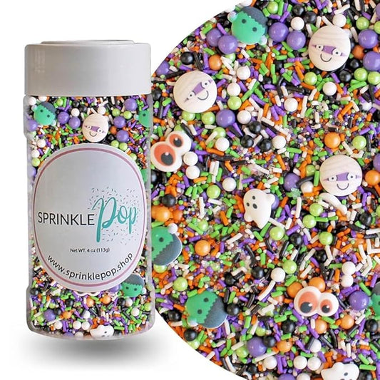 Sprinkle Pop Monster Mashup Sprinkle Mix| Orange Black White Lime Purple Sprinkles| Halloween Sprinkles with ~12 monster, ghosts, creepy eyeballs Made in USA for Decorating Cakes Cookies Cupcakes, 4oz