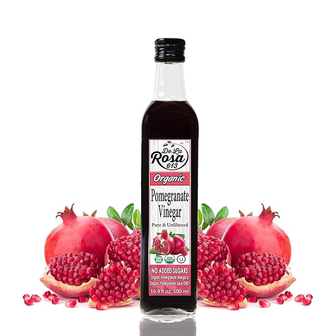 De La Rosa Organic Pomegranate Vinegar, Pure & Unfiltered, Vegan, Gluten Free & Kosher, Great for Salad Dressing, Marinades, 100% Pure Pomegranate Vinegar 16.9 Oz (pack of 1)