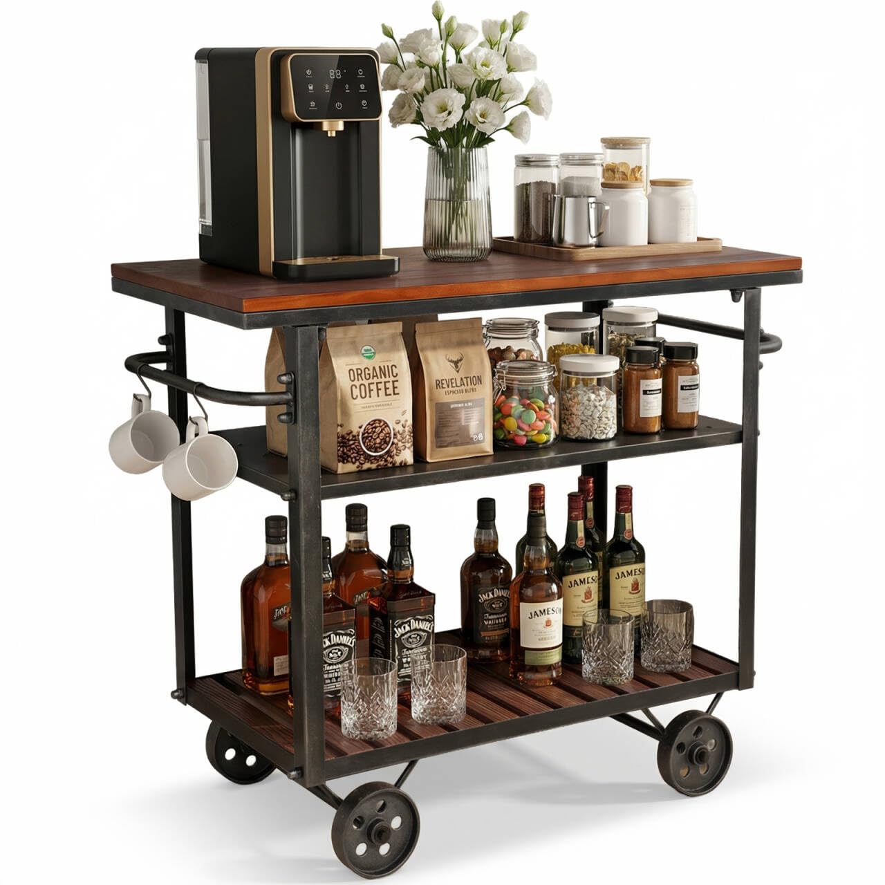 BOKKOLIK Vintage Rolling Bar Cart on Wheels Industrial Mobile Serving Cart Metal and Wood Design