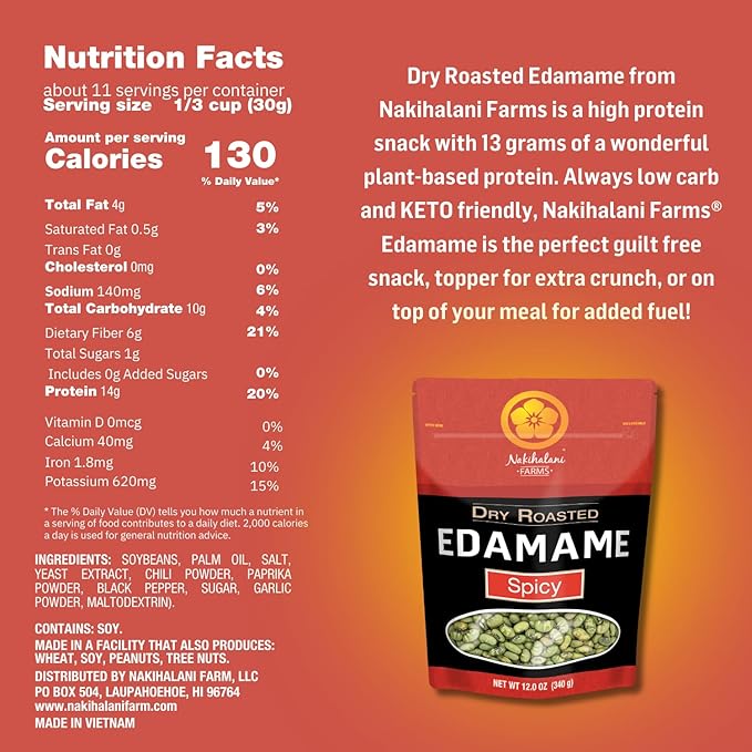 Spicy Dry Roasted Edamame Beans Snack by Nakihalani Farm ??12 oz Non-GMO Crunchy Soybeans Plant-Based High Protein Snack for Adults & Kids Gluten-Free, Nut-Free, Vegan Snack in Resealable Bag