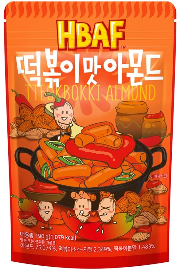 [Official Gilim HBAF] Korean Tteokbokki Seasoned Almonds Nut Protein Snack | Sweet & Spicy Korean Street Food |After-School, Work, Trip Camping Snack | Gochujang Paste | Korean Sovenior (Toppoki, 1x190gram pack)