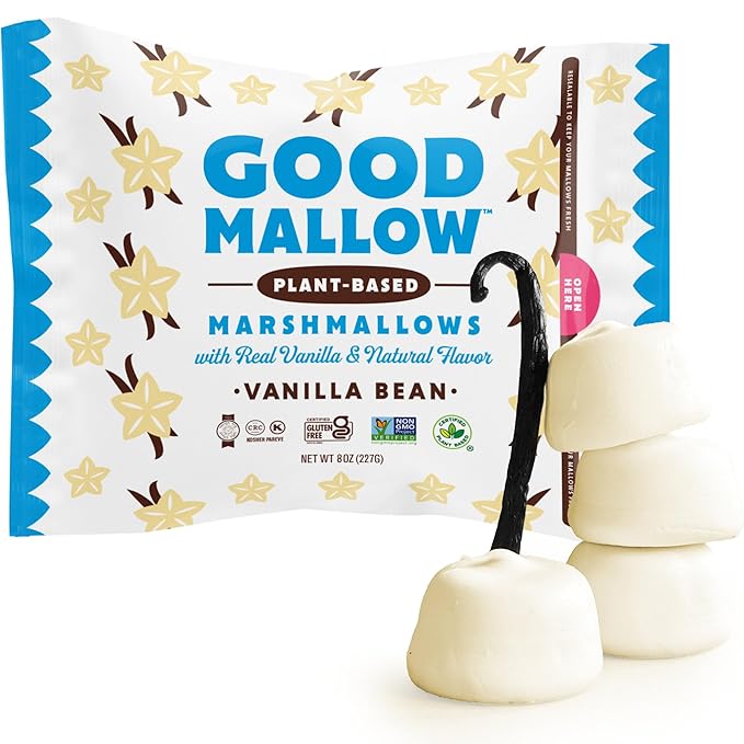 GoodMallow Vegan Marshmallows - Large Kosher Halal Gluten Free Dairy Free Healthy- Natural Gelatin Free Marshmallows for Hot Chocolate, Smores, Baking - Nothing Artificial (White Vanilla) (Pack of 4)