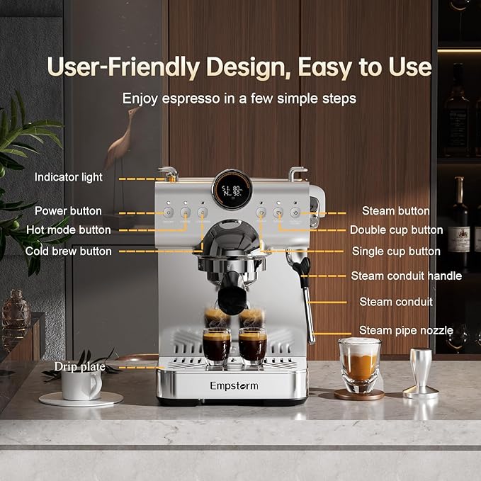 Espresso Machine with Milk Frother, Barista Coffee Machine, Cappuccino/Latte Maker, Espresso Coffee Machine for Home (20Bar Stainless Espresso Maker with Display)