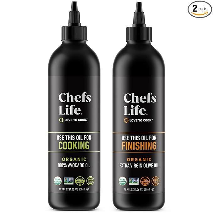 Chefs Life Organic Cooking Oil & Finishing Oil 2 Pack - Extra Virgin Olive and Avocado Oil, EVOO, Gift Set for Dipping, Dressing, Cooking, Single Origin, Non GMO - 16.9 Fl Oz (2 Bottle Gift Set)