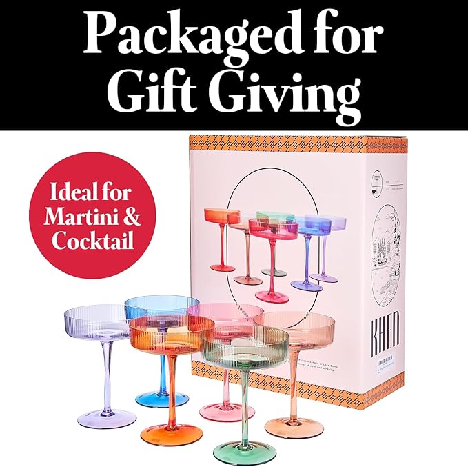 Khen Ribbed Vintage Art Deco Coupe Glasses - Martini, Champagne & Cocktail Ribbed Glasses 8oz | Cute Crystal Glassware Sets - Goblet Stemmed Ripple Glassware, Housewarming Glass, Fall/Holiday 6 Pieces