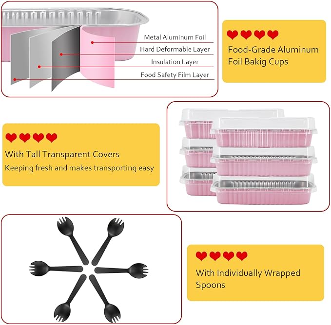 LNYZQUS Mini Loaf Pans With Lids 50 Pack, 6.8oz Rectangle Aluminum Foil Baking Pans Tins Containers,Disposable Ramekins Baking Cups Muffin Tins Cupcake Cups For Mini Cake Bread Loaf -Pink