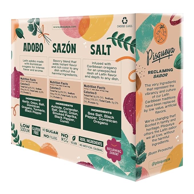 Pisqueya Latin Seasoning Gift Set – Sazón, Adobo & Oregano Sea Salt | Bold Flavor & All-Natural Ingredients | Low Sodium, No MSG, No Preservatives | Pack of 3