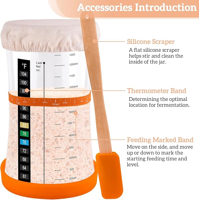 50 OZ Sourdough Starter Jar with Thermometer, Scraper, Cloth Cover and Lid. Reusable Sourdough Jar Kit Use for Home Bakery