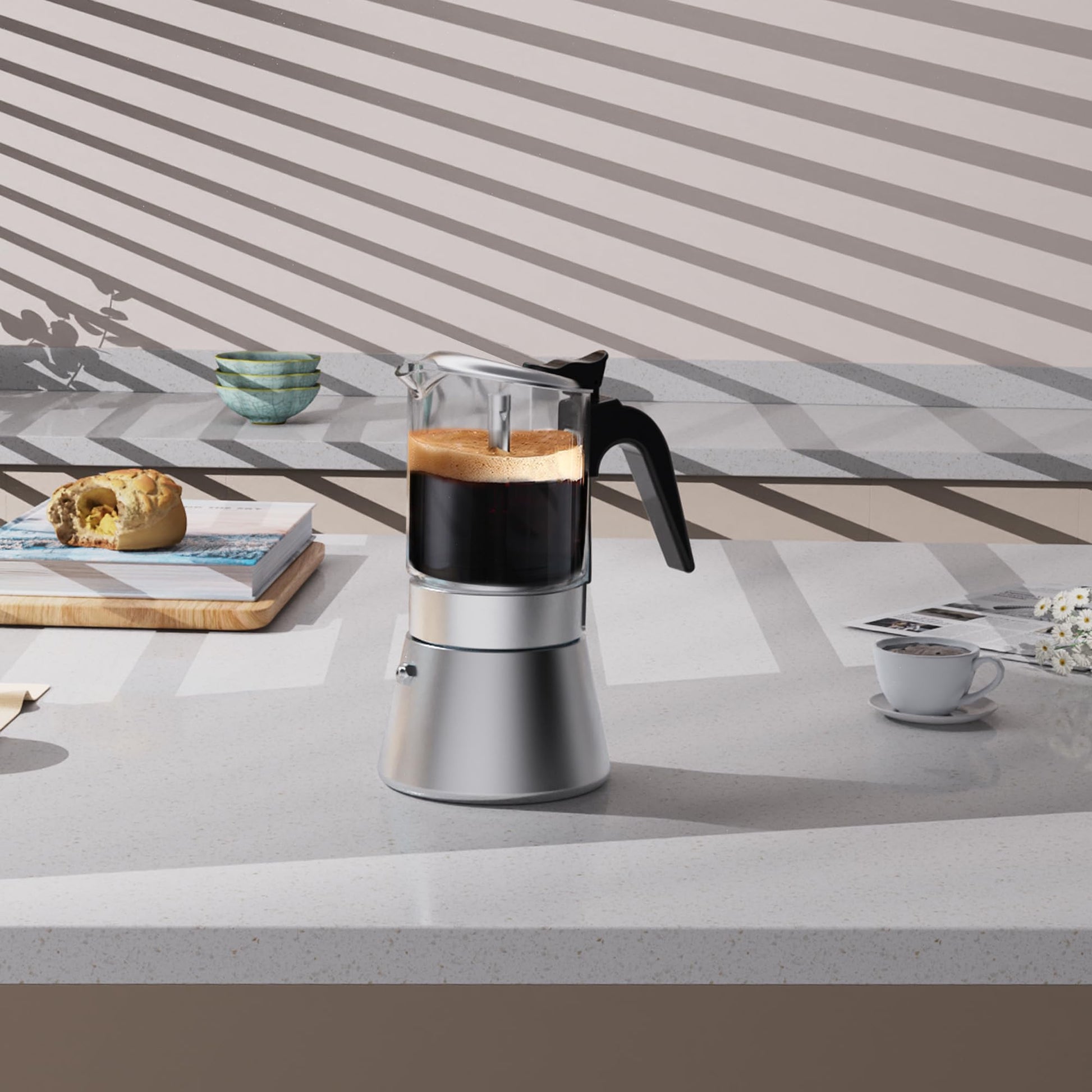 SIXAQUAE Moka Induction Stovetop Espresso Maker,Crystal Glass-top & Stainless Steel Espresso Moka