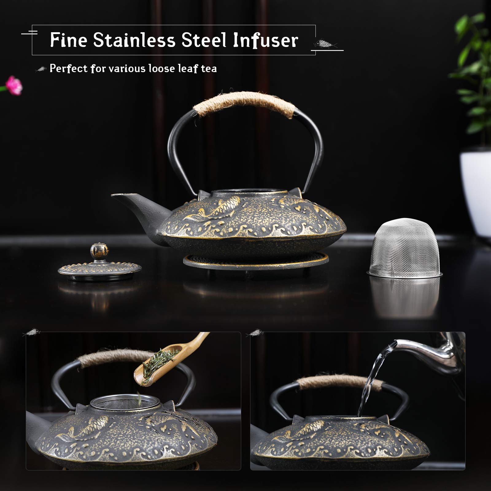 Ufine Koi Fish Cast Iron Teapot Set Stove Top 26 oz Tea Kettle with 4 Cups