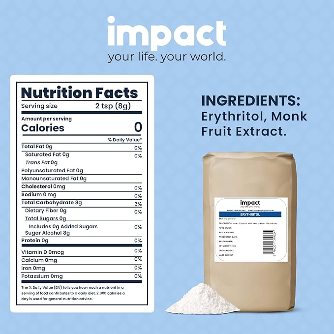 Impact - Erythritol Sweetener Sugar Substitute - Zero Calorie, No Additives, For Baking, Cooking, Supports Healthy Lifestyle & Oral Health - 55lbs