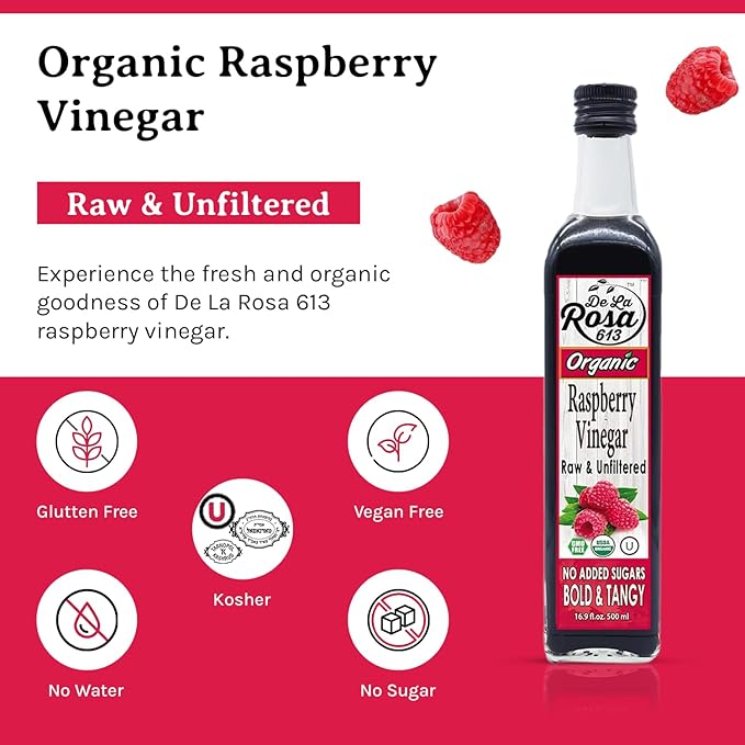 De La Rosa Raspberry Vinegar Organic, Raw & Unfiltered Pure Vinegar, Vegan, Gluten Free & Kosher, Raspberry Vinaigrette Salad Dressing & Marinades, Raspberry Vinaigrette 16.9 Oz (Pack of 2)