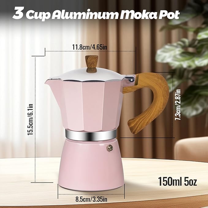 3 Cup Aluminum Moka Pot Classic Stovetop Espresso Coffee Maker 150ml 5oz Coffeemaker Percolator Mocha Pot Greca Coffee Maker Cafe Makers for Italian and Cuban Cafì±?Brewing Pink