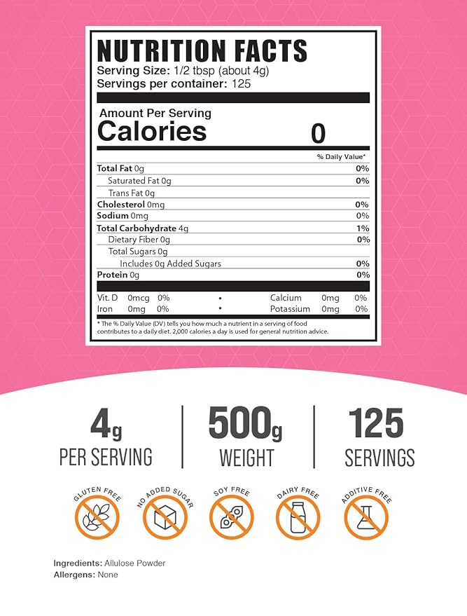 BulkSupplements.com Allulose Powder - Allulose Sweetener, Sugar Substitutes for Baking, Sugar Alternative - Pure & Gluten Free, 4g per Servings, 500g (1.1 lbs) (Pack of 1)