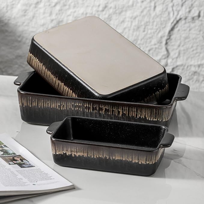 KOOV Bakeware Set, Ceramic Baking Dish, Rectangular Baking Pans Set, Casserole Dish for Cooking, Cake Dinner, Kitchen 9 x 13 Inches, 3-Piece, Stripe Series (Rough Black)