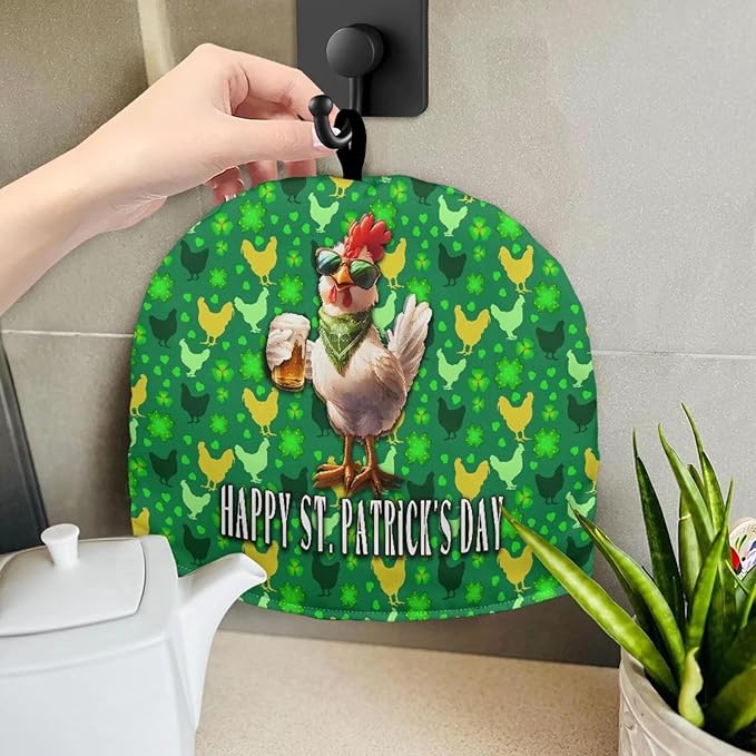 St. Patrick's Tea Cozy Decorative Insulated Tea Cosy with Top Handle Stain Resistant Durability Rooster Chick Clover Teapot Cover Resuable Teapot Lids for Housewife, Friend, Mom, Family