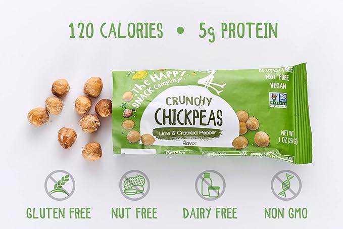 The Happy Snack Company Crunchy Chickpeas Lime & Cracked Pepper 24 x 1 oz. 5g Plant Based Protein & 120 Cals. Gluten,Nut & Dairy Free, Non-GMO and Vegan.