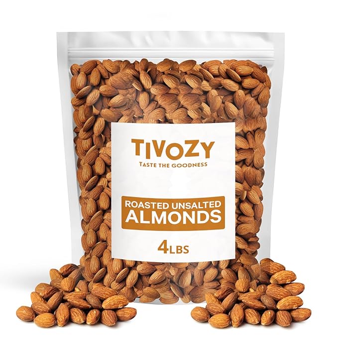 Almonds Roasted Unsalted - Fresh and Delicious Guilt Free Healthy Keto Snack Whole Unsalted Nuts Packed in Resealable Bag, Low Calories, Vegan, Gluten-Free, 4lbs