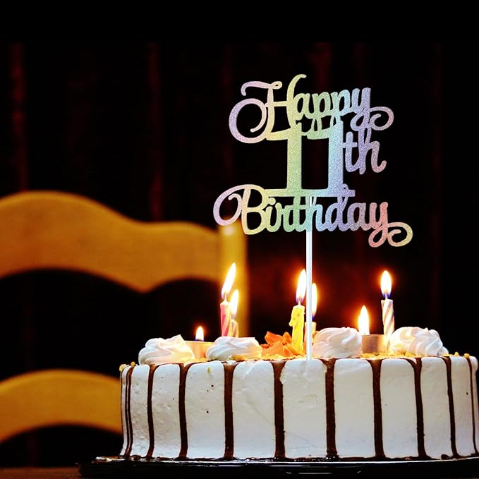 11th Happy Birthday Cake Topper, Glitter Happy 11th Birthday Cake Topper for Birthday Party Cake Decoration(Rainbow Color)