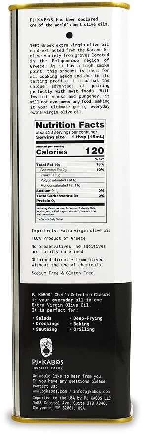 P.J. KABOS 2024/25 Harvest, Everyday Greek Extra Virgin Olive Oil, Kosher, Greece, Cold Extracted, 16.9 oz Tin, Koroneiki, "Chef's Selection Classic - Delicate" (3-Pack)
