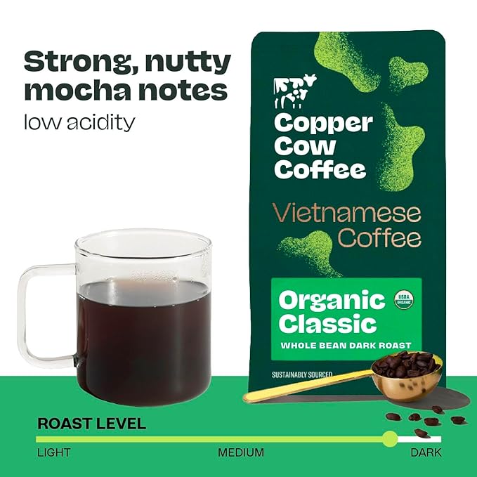 Copper Cow Premium Vietnamese Whole Bean, 12 OZ | Organic Classic Coffee | Dark Roast | Vietnamese Coffee