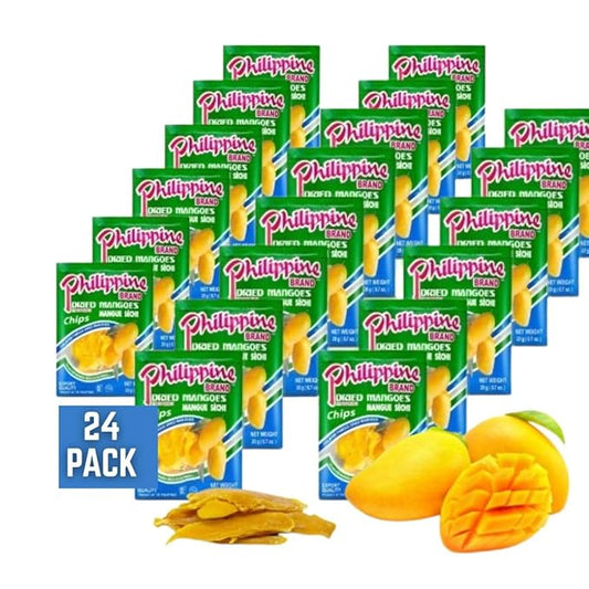 Philippine Brand Dried Mangoes Fruit Snacks (24 Pack)- All Naturally Gluten Free, Vegan, Hand-Selected Delicious Fresh Mangos from Philippines, Grab and Go Perfect for Office & School Food