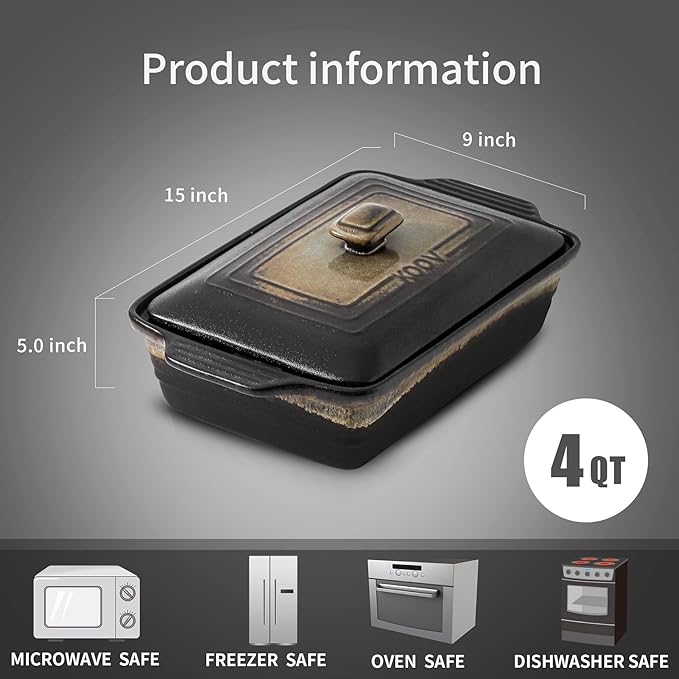 KOOV Ceramic Casserole Dish with Lid, Covered Rectangular Casserole Dish Set, Lasagna Pans with Lid for Cooking, Baking dish With Lid for Dinner, 9 x 13 Inches, Stripe Series (Rough Black)