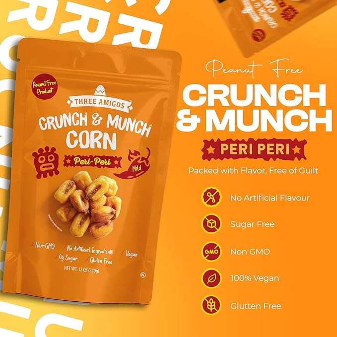 Three Amigos Corn Nuts Suger Free, 100% Vagan, Peanut Free Non-GMO (All Natural Ingredients) Guilt-Free snacking Toasted Corn Kernels in Reseable Bag - Crunchy & Munch Snack (12 OZ) (12 oz, Peri Peri)