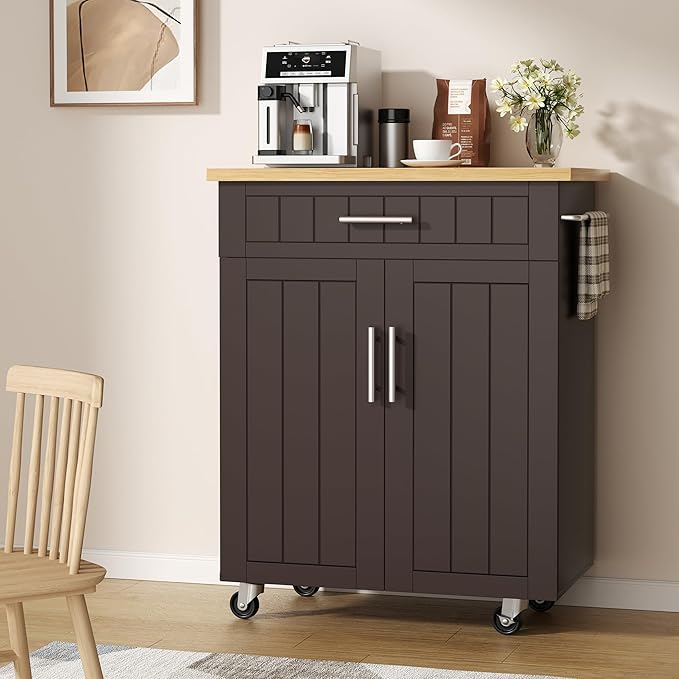 Shintenchi Kitchen Island cart with Storage, Portable Bar Cabinet on Wheels, Rolling Microwave Cart Side Table with Workstation for Kitchen, Dinning Room, Brown