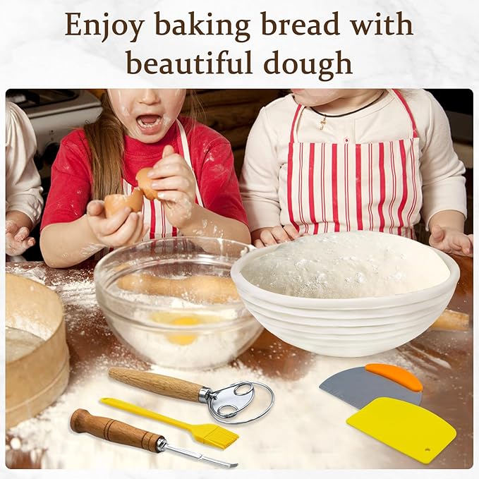 Sourdough Proofing Basket Kit: Banneton Single Natural Rattan Bread Basket with Linen Liner - Reusable & Dishwasher Safe Sourdough Baking Tools for Beginner Bakers