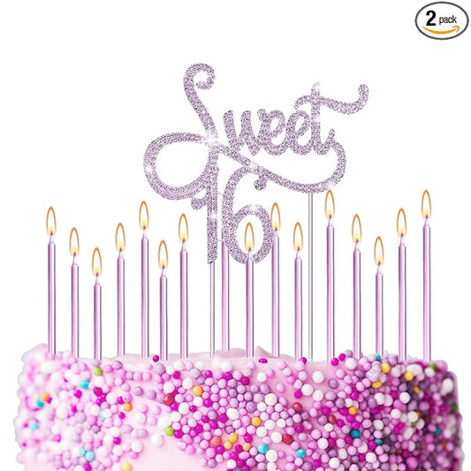 Tondiamo Sweet 16 Birthday Decorations Rhinestone Sweet 16 Cake Toppers 20 Pcs Metallic Happy Birthday Candles 16 Cake Decorations for Cupcake Decor(Purple)