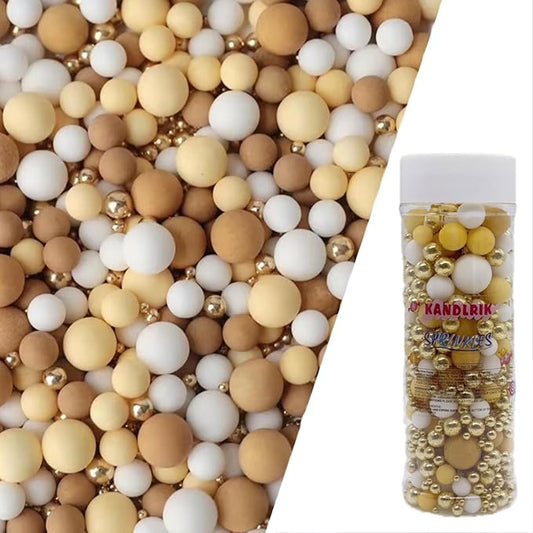 Edible Light Brown & Yellow & White & Gold Sugar Pearls Sprinkles Candy Mix Size Pearls Cake Decorations Cupcake Toppers Decorating Perfect for Wedding Party Valentine Christmas Supplies 4.58OZ