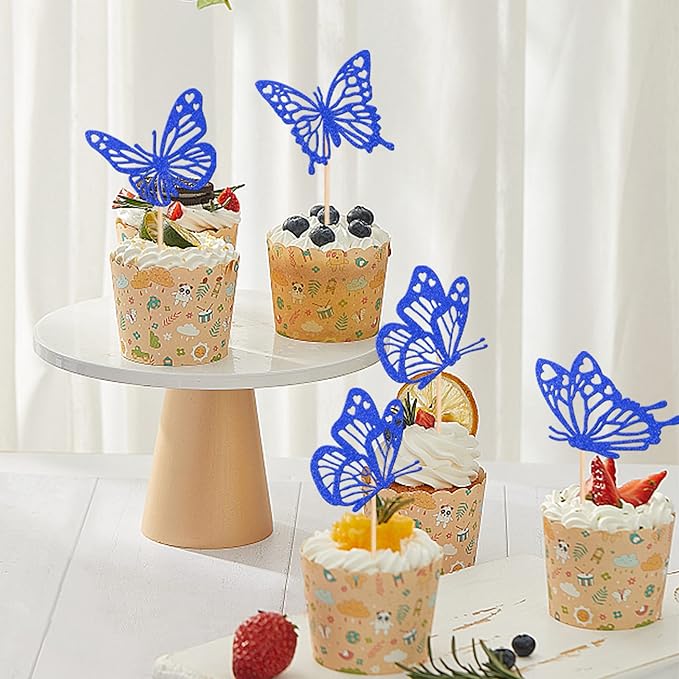 Rsstarxi 24 Pack Butterfly Cupcake Toppers Glitter Assembled Butterfly Baby Shower Cupcake Picks for Wedding Engagement Bridal Shower Kids Birthday Party Cake Decorations Supplies Deep Blue