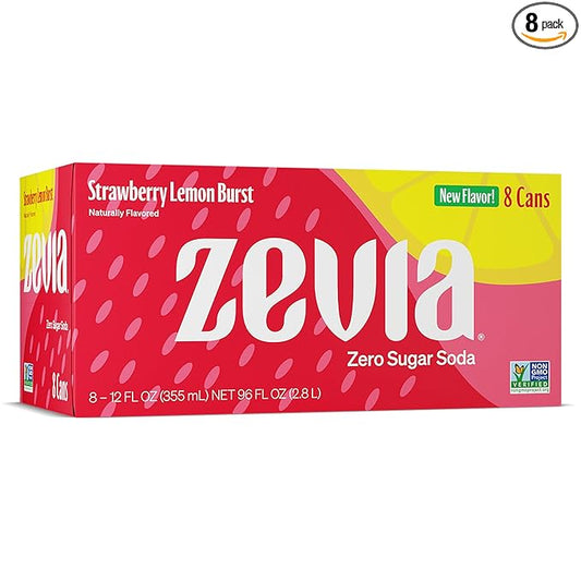 Zevia Zero Sugar Soda, Strawberry Lemon Burst, 12 oz Cans (8-Pack) ??Naturally Sweetened, Zero Calorie Sugar Free Soda - Non-GMO Project Verified, Gluten-Free, Vegan