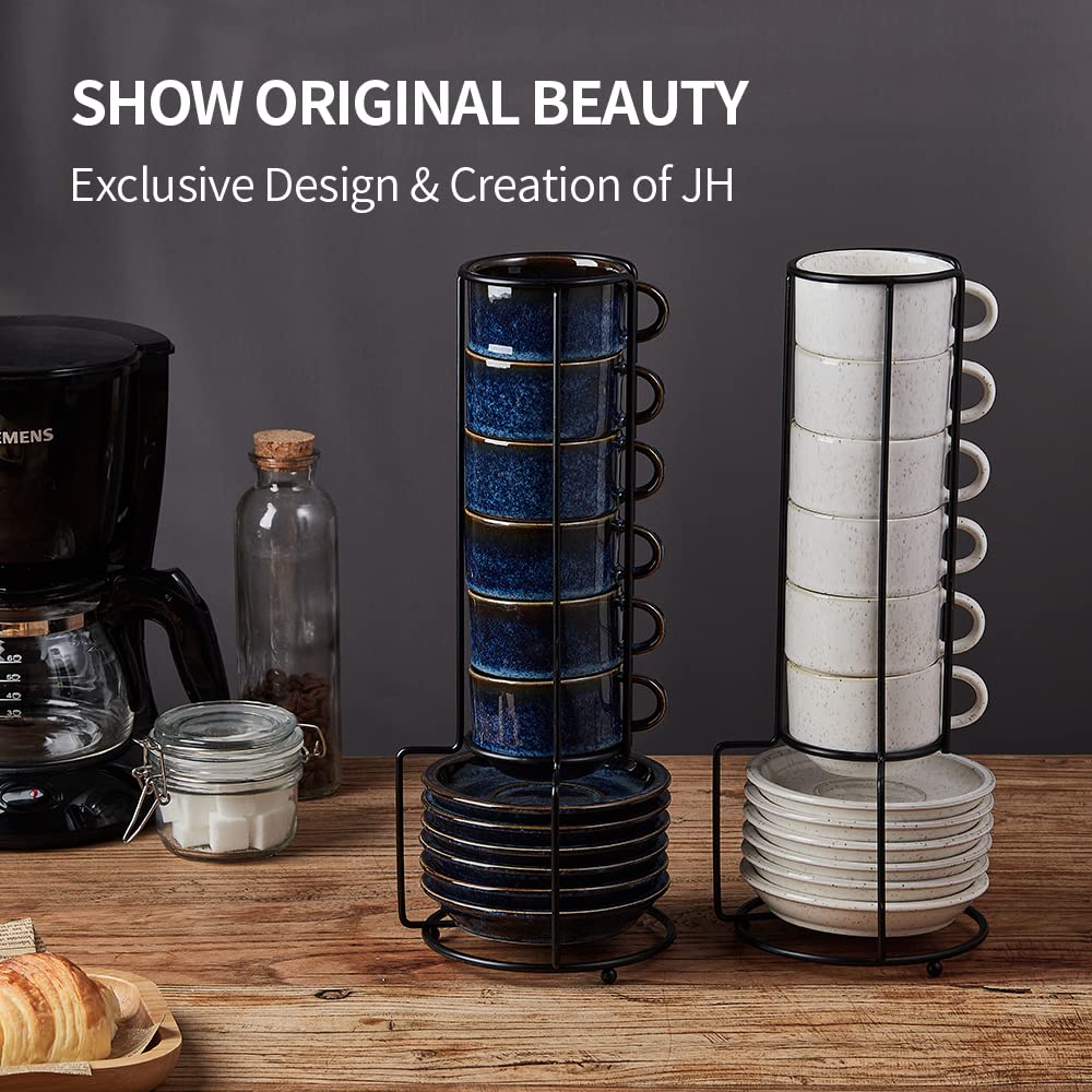 JIEMEI HOME Porcelain Stackable Espresso Cups with Saucers and Metal Stand,4 Ounce Demitasse Cups