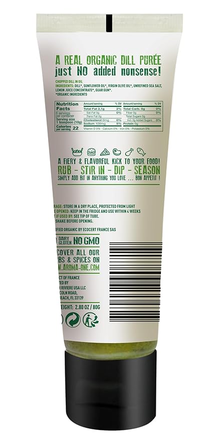 Aroma One Dill Puree Paste - Organic Herb Concentrate for Cooking, Seasoning & Sauces - Fresh Flavor Enhancer, Non-GMO, Gluten-Free, Vegan - Easy Squeeze Tube, Kitchen Must-Have - 80g (2-Pack)