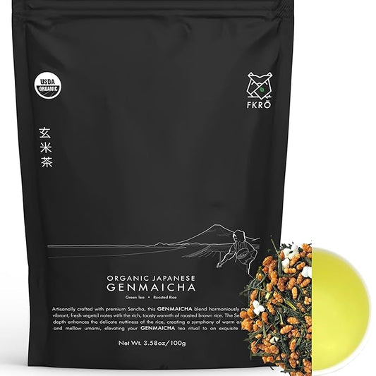 FKRO Organic Genmaicha | Japanese Roasted Rice Green Tea | Loose Leaf Premium Sencha Blend with Roasted Rice | Low Caffeine | Freshly Flown from Japan Monthly (100g/3.5oz Pouch)