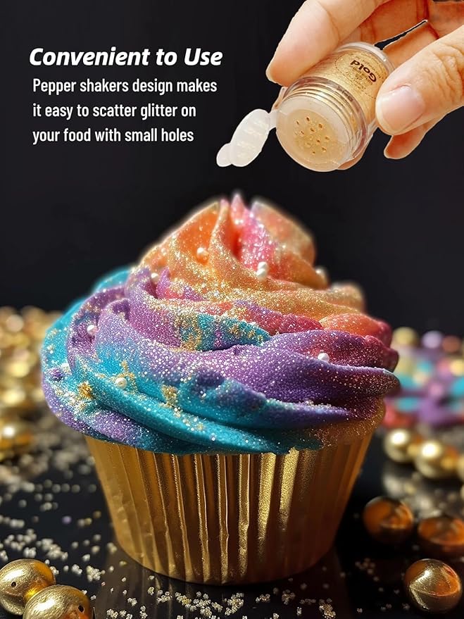 Shanlinly Edible Glitter Set - 4 Colors Food Grade Edible Glitters for Cake Strawberries Drink Dust Shimmering Glitter, Vegan Metallic Food Coloring Sprinkle on Sparkle for Chocolates, Fondant Pops