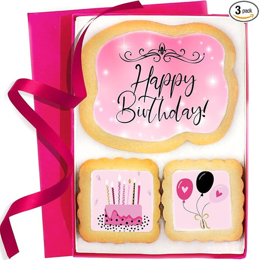 Happy Birthday Cookies 3 pack for Women Girls Teens Gift Basket For Her Mom | Pink Cookie Treats Cake Balloons | Individually Wrapped