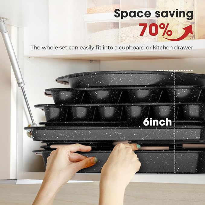11-Piece Baking Pans Set, Nonstick Bakeware Sets, Oven Pans for Baking with Silicone Handles, Includes Cookie Sheet, Cake Pans, Loaf Pan, Pizza Pan, Muffin Pan, Khaki&Black