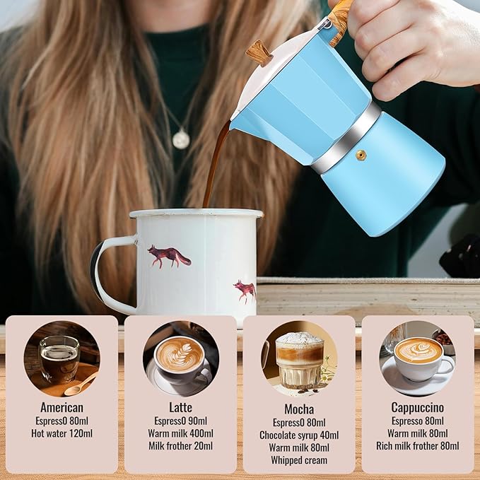 6 Cup Aluminum Moka Pot Classic Stovetop Espresso Coffee Maker 300ml 10oz Coffeemaker Percolator Mocha Pot Greca Coffee Maker Cafe Makers for Italian and Cuban Cafì±?Brewing Blue