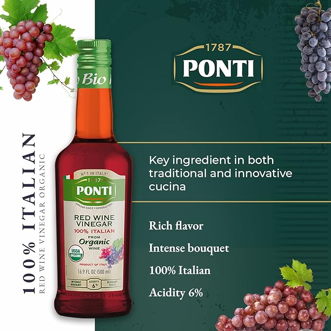 1787 PONTI Organic 100% Italian Red Wine Vinegar - Balanced Acidity and Harmonious Bouquets - Delicious with all Types of Salads, Seafood and Dark Meats - A Wonderful Addition to Baked Dishes - 16.9 Fl.Oz