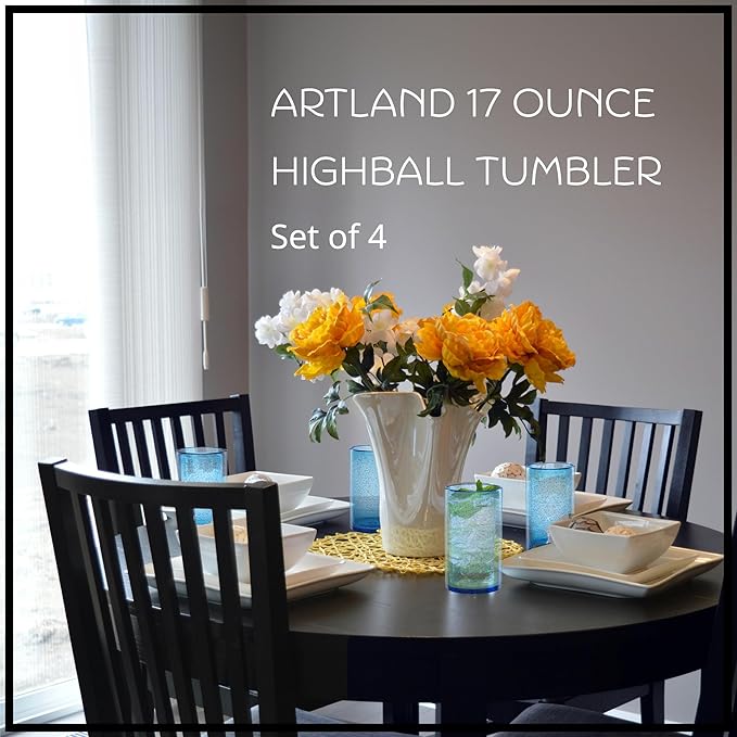 Artland 17oz Highball Tumbler, Set of 4 | Iris Seeded Design, Turquoise | Drinking Glass for Parties and Everyday Use - Mojito, Whiskey, Cocktail | Glassware & Kitchenware Essentials