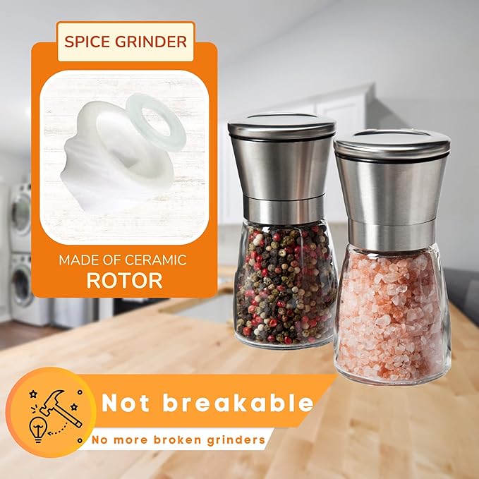 Professional Salt and Pepper Grinder Set ??Premium Stainless Steel Salt and Pepper Shakers with Ceramic Spice Grinder Mill for Adjustable Coarseness - Added Bonus a Bamboo spoon and a Cleaning Brush.