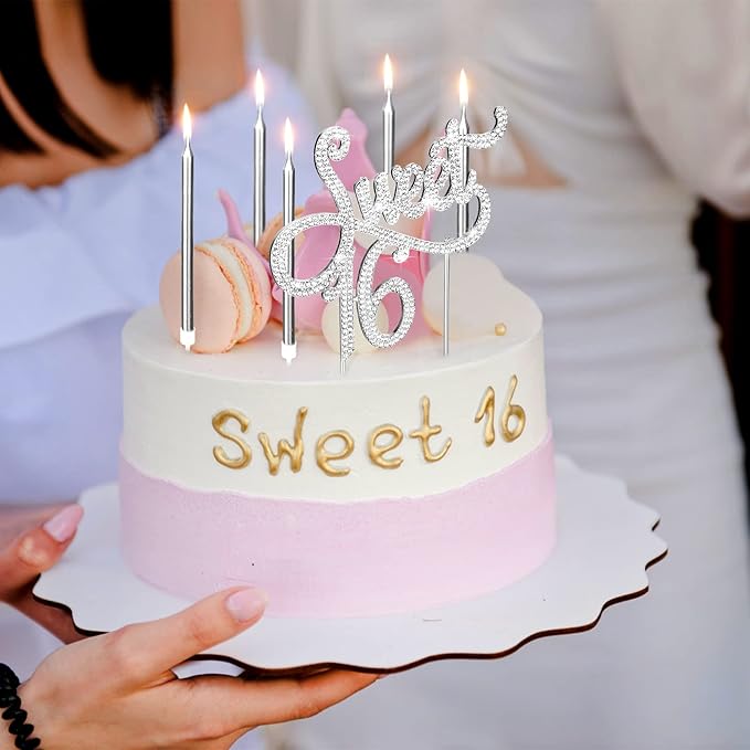 Tondiamo Sweet 16 Birthday Decorations Rhinestone Sweet 16 Cake Toppers 20 Pcs Metallic Happy Birthday Candles 16 Cake Decorations for Cupcake Decor(Silver)