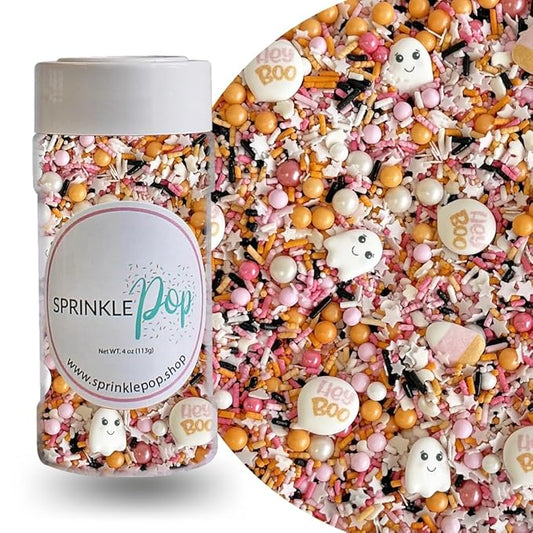 Sprinkle Pop Boo Bash Sprinkle Mix| Orange Pink White Sprinkles with ~12 Ghost Shapes, Candy Corn & Hey Boo Royal Icing| Halloween Sprinkles Made in USA for Decorating Cakes Cupcakes Cookies, 4oz