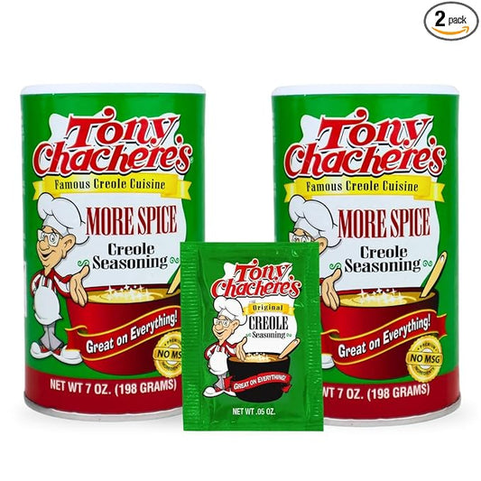 Tony Chachere's Creole and Cajun Seasoning Canisters (2 Pack + Packet) (2 Pack, More Spice)