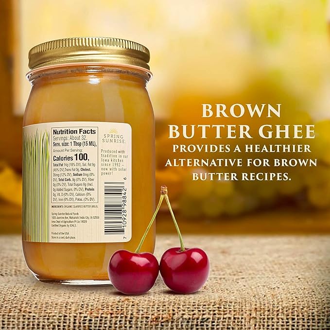 Spring Sunrise Organic Brown Ghee - Grass Fed Clarified Butter - Keto & Paleo Friendly, Lactose & Gluten Free Cooking Oil with High Smoke Point - 16 oz Jar