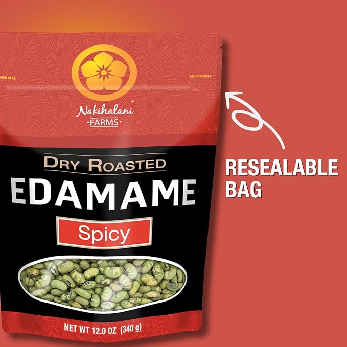 Spicy Dry Roasted Edamame Beans Snack by Nakihalani Farm ??12 oz Non-GMO Crunchy Soybeans Plant-Based High Protein Snack for Adults & Kids Gluten-Free, Nut-Free, Vegan Snack in Resealable Bag