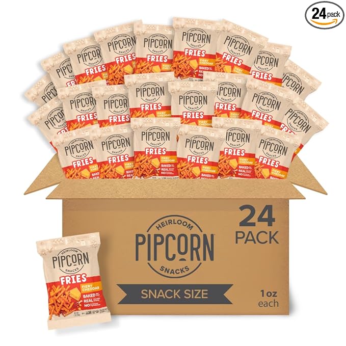 Heirloom Baked Fiery Cheddar Fries by Pipcorn - 1oz 24pk - Healthy Snacks, Gluten Free Snacks, Non-GMO, Upcycled Heirloom Corn Flour, Vegan
